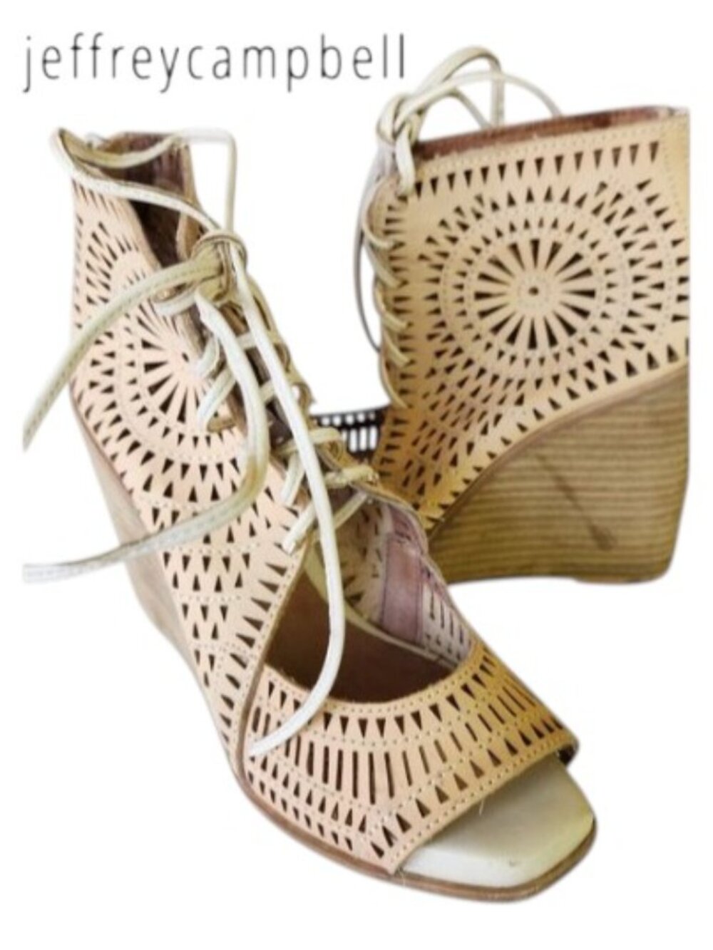 Jeffrey Campbell Rodillo Laser Cut Lace Up Open Toe Wedge Sandals Booties Size 7